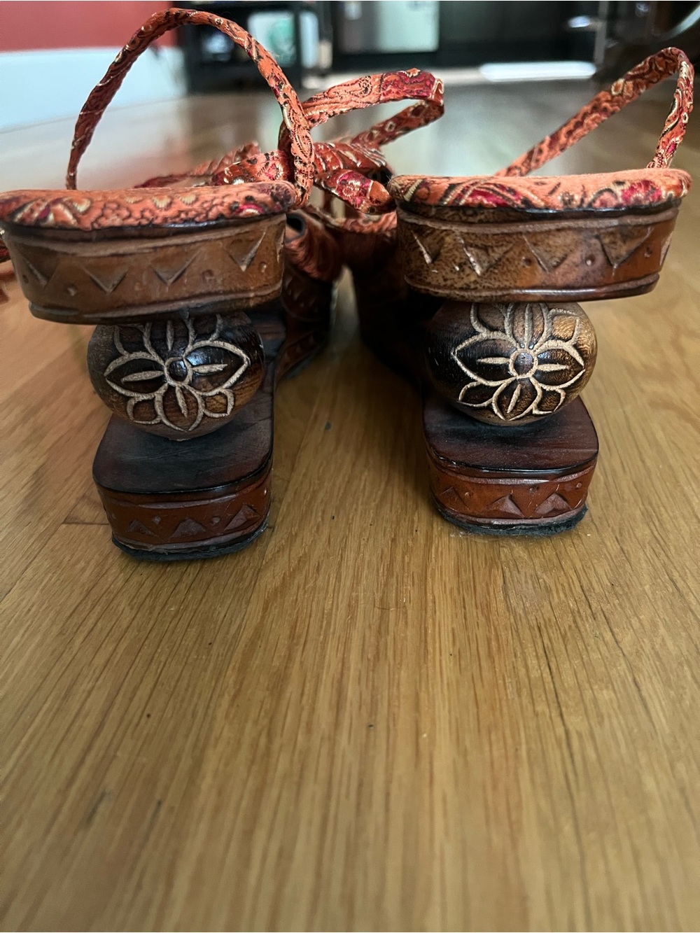 Women's Orange Paisley Wooden Platform Sandals - Picture 4 of 7